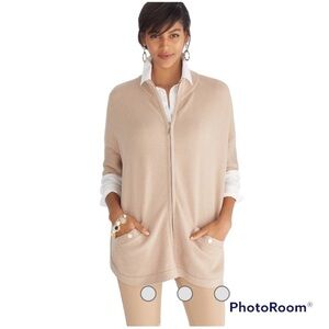 WHBM Tan Cowl Neck elbow length Zip-Up relaxed fit luxe Sweater Poncho Pockets